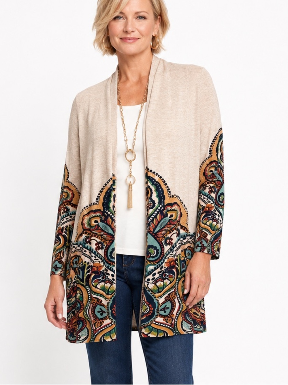 Chico's Beige Open-Front Cardigan with Multicolor Paisley Border longline Sz 1 M